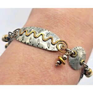 Marcia Q Miller Signed Pewter Brass Artisan Made Funky Bracelet 7.25in